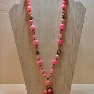 Vintage Pink Plastic Beads with AB Beads with Gold Tone Accents & a Tassel